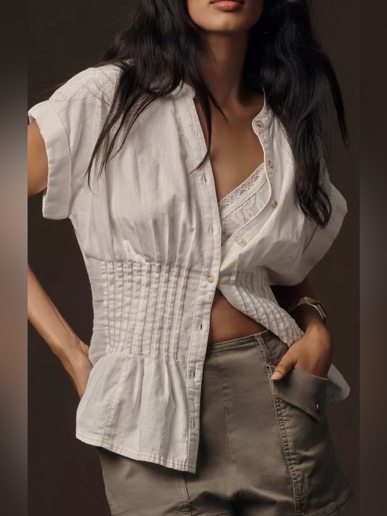 Pilcro Tops - The Linden Denim Pleated
Waisted Blouse by Pilcro